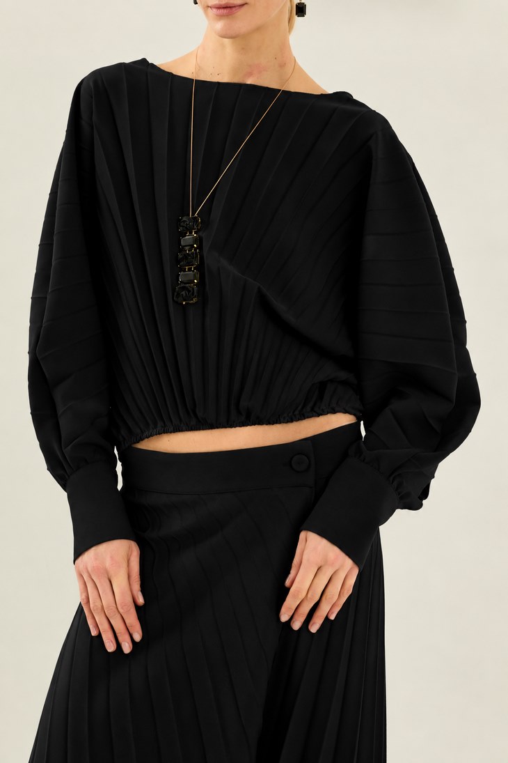 Γυναικεία Pleated Hem Μπλούζα-Mαύρο
