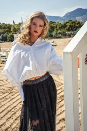 Γυναικείο Elastic Hem Crop Πουκάμισο-Λευκό