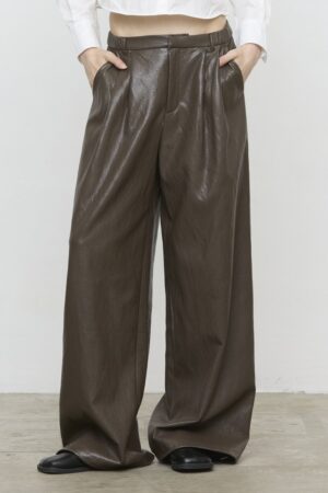Γυναικείο Eco Leather Wide-leg Παντελόνα-Xακί