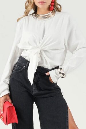 Γυναικεία Cotton with Waist Tie Μπλούζα-Λευκό