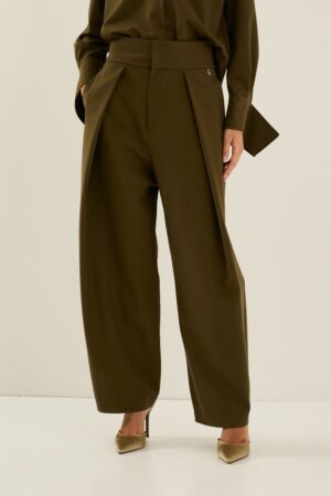 Γυναικείο Front Pleated Παντελόνι-Λαδί