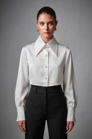 Γυναικείο Crop Satin Πουκάμισο-Λευκό