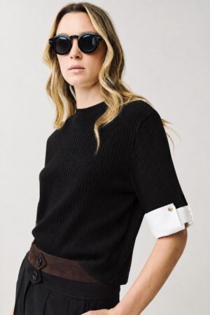 Γυναικεία Crop Knit Cuffed Sleeve Μπλούζα-Μαύρο