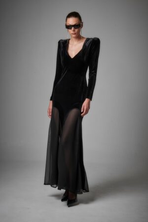 Γυναικείο Velvet Sheer Hem Φόρεμα-Μαύρο