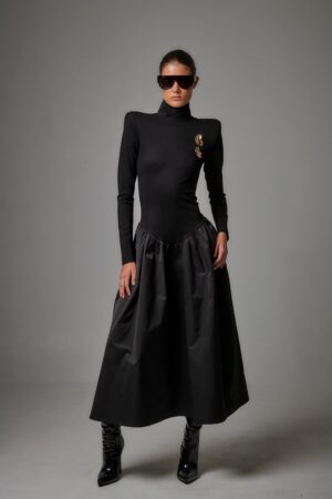 Γυναικείο Ponte Turtleneck Flare Φόρεμα-Μαύρο