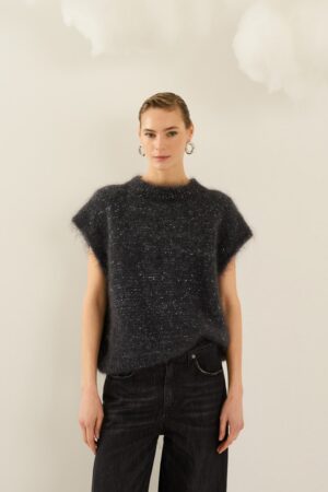 Γυναικεία Knit Sequin Detailed Αμάνικη Μπλούζα-Γκρι