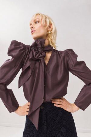 Γυναικείο Sculpted Shoulder Bow Πουκάμισο-Καφέ