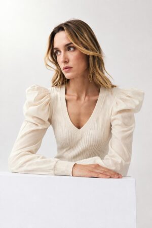 Γυναικεία Structured Shoulder Knit Μπλούζα-Eκρού