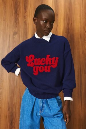 Γυναικεία Oversized Knit Lucky You Embroidery Μπλούζα-Μπλε