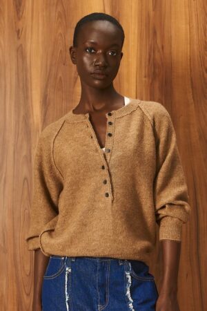 Γυναικεία Raglan Knit with Long Placket Μπλούζα-Κάμελ