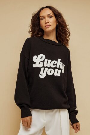 Γυναικεία Oversized Knit Lucky You Embroidery Μπλούζα-Μαύρο