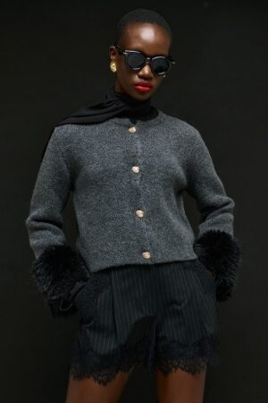 Γυναικεία Knit Removable Fur Sleeve Ζακέτα-Γκρι