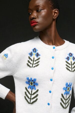 Γυναικεία Knit With Embroidered Flowers Zακέτα-Λευκό