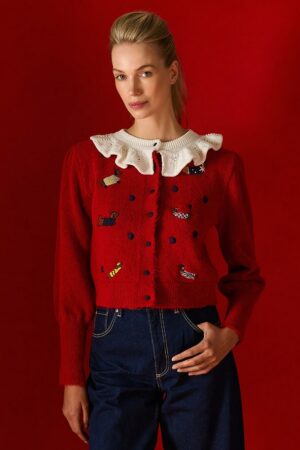 Γυναικεία Knit Dogs Embroidered and White Collar Ζακέτα-Κόκκινο