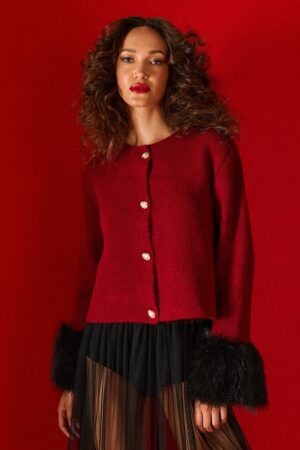 Γυναικεία Knit Removable Fur Sleeve Ζακέτα-Μπορντό