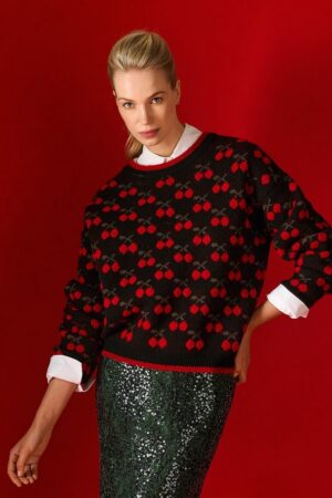 Γυναικεία Knit Cherries Μπλούζα-Μαύρο