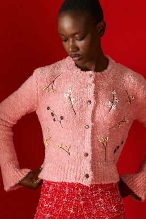 Γυναικεία Handmade Embroidered Knit Ζακέτα-Ροζ