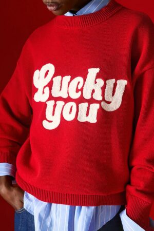 Γυναικεία Oversized Knit Lucky You Embroidery Μπλούζα-Κόκκινο