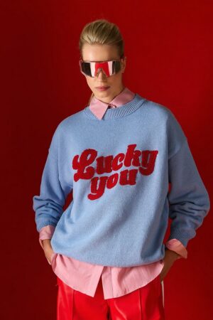 Γυναικεία Oversized Knit Lucky You Embroidery Μπλούζα-Σιέλ