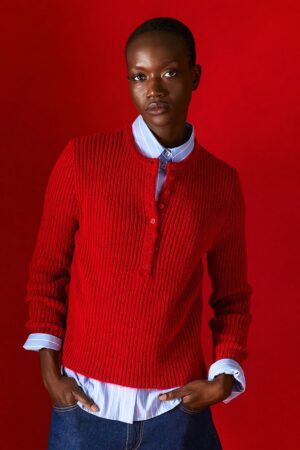 Γυναικεία Ribbed Knit Long Pat Μπλούζα-Κόκκινο