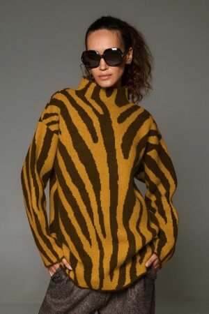 Γυναικεία Knit Zebra Μπλούζα-Καφέ/Ώχρα