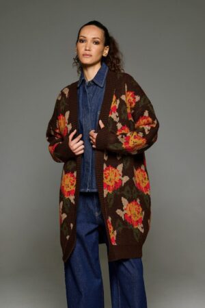 Γυναικεία Oversized Knit Floral Ζακέτα-Καφέ