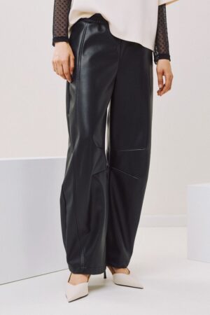 Γυναικείο Leather Elastic Waist Παντελόνι-Μαύρο