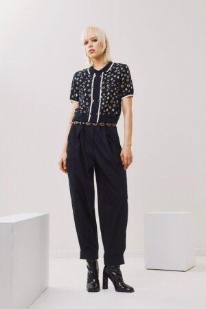 Γυναικεία Short Sleeve Double Bottons Πλεκτή Μπλούζα-Mαύρο
