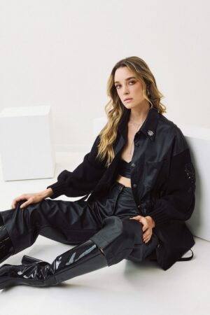 Γυναικείο Eco Leather Knit Sleeve Jacket-Μαύρο