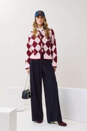 Γυναικεία Plaid Knit Bow-tie Ζακέτα-Μπορντό/Ροζ