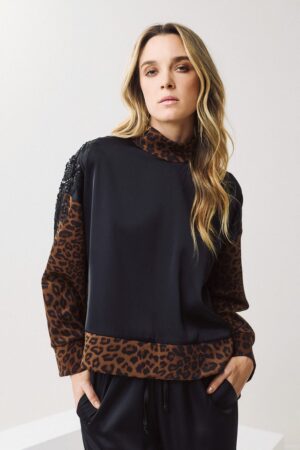 Γυναικεία Two Tone Animal Print Μπλούζα-Mαύρο