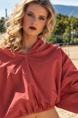 Γυναικείο Elastic Hem Crop Πουκάμισο-Τριανταφυλλί
