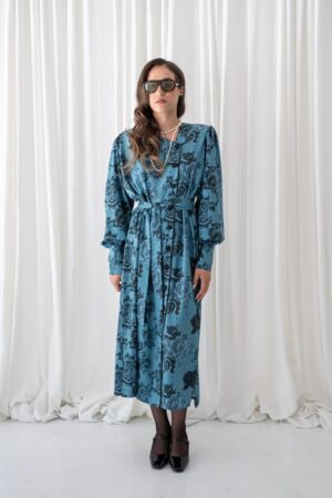 Γυναικείο Dark Blue Rose Maxi Vintage Φόρεμα-Μπλε
