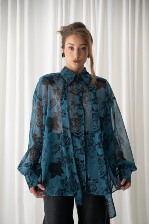 Γυναικείο Dark Blue Rose Oversized Πουκάμισο-Πετρόλ