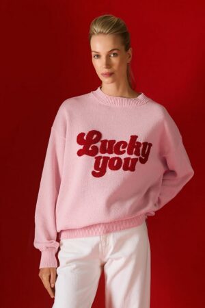 Γυναικεία Oversized Knit Lucky You Embroidery Μπλούζα-Ροζ