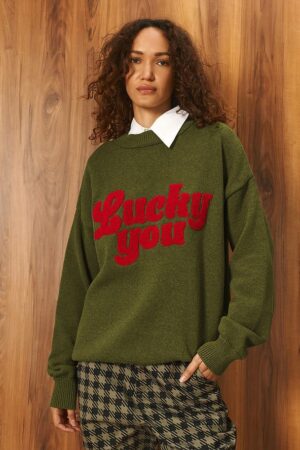 Γυναικεία Oversized Knit Lucky You Embroidery Μπλούζα-Χακί