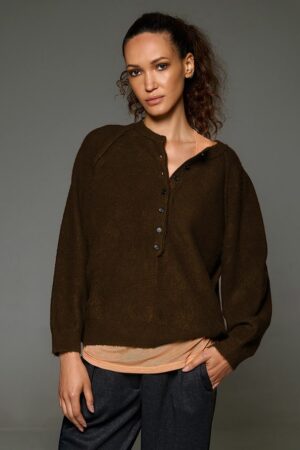 Γυναικεία Raglan Knit with Long Placket Μπλούζα-Καφέ