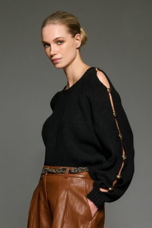Γυναικεία Raglan-knit Gold Buttons On The Sleeves Μπλούζα-Μαύρο