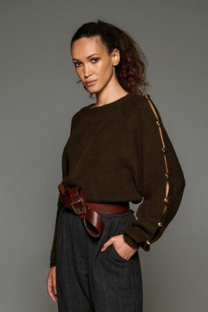 Γυναικεία Raglan-knit Gold Buttons On The Sleeves Μπλούζα-Καφέ