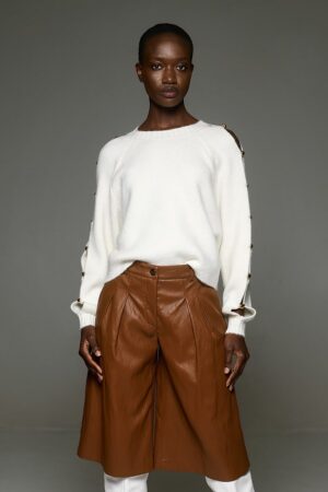 Γυναικεία Raglan-knit Gold Buttons On The Sleeves Μπλούζα-Λευκό