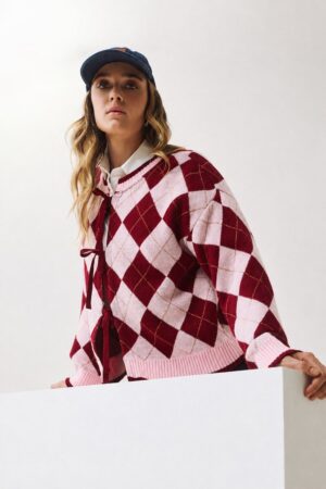 Γυναικεία Plaid Knit Bow-tie Ζακέτα-Μπορντό/Ροζ