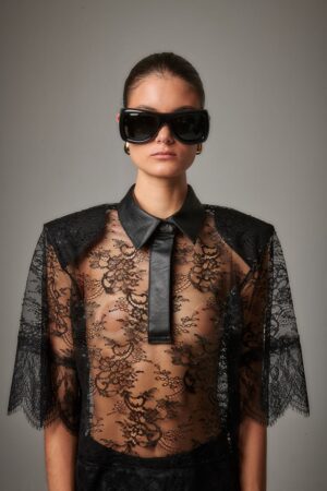 Γυναικεία Lace Eco Leather Collar Μπλούζα-Μαύρο