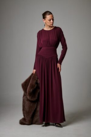 Γυναικείο Maxi Ruched Waist Φόρεμα-Μπορντό