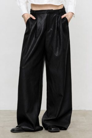Γυναικείο Eco Leather Wide-leg Παντελόνα-Μαύρο