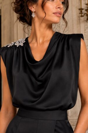 Γυναικεία Draped Jewel Detail Μπλούζα-Μαύρο